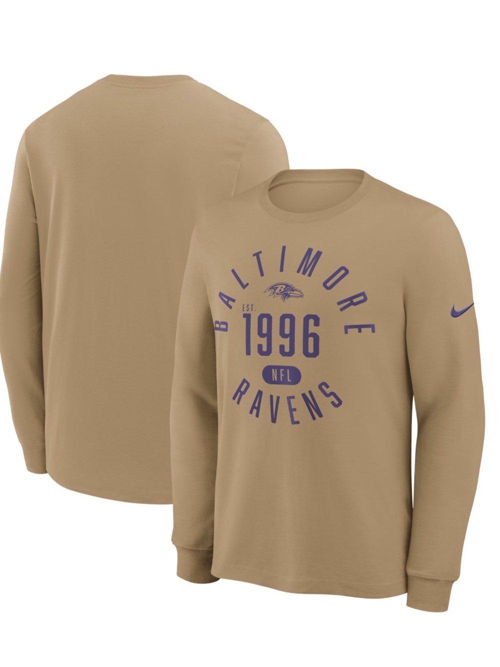 Baltimore Ravens Nike Tan Blitz Rewind Slub Dri-FIT Long Sleeve T-Shirt M new